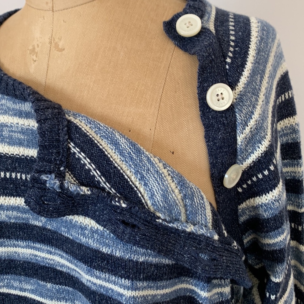 Chaps Ralph Lauren Sweater 100% cotton blue striped button neck top XL Petite - Picture 6 of 10